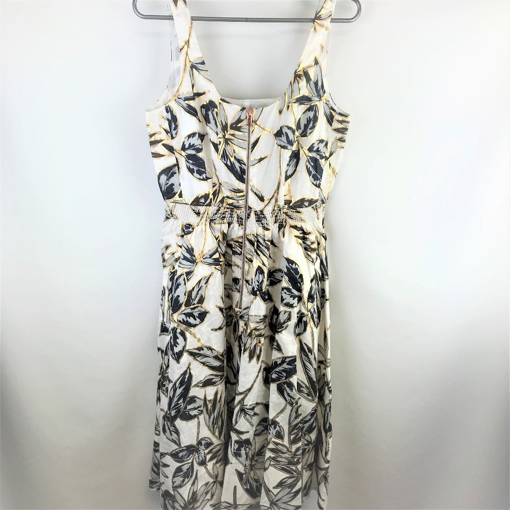 6 Tall J. Crew Cream Floral Leaf Print Sundress with Gold Accents